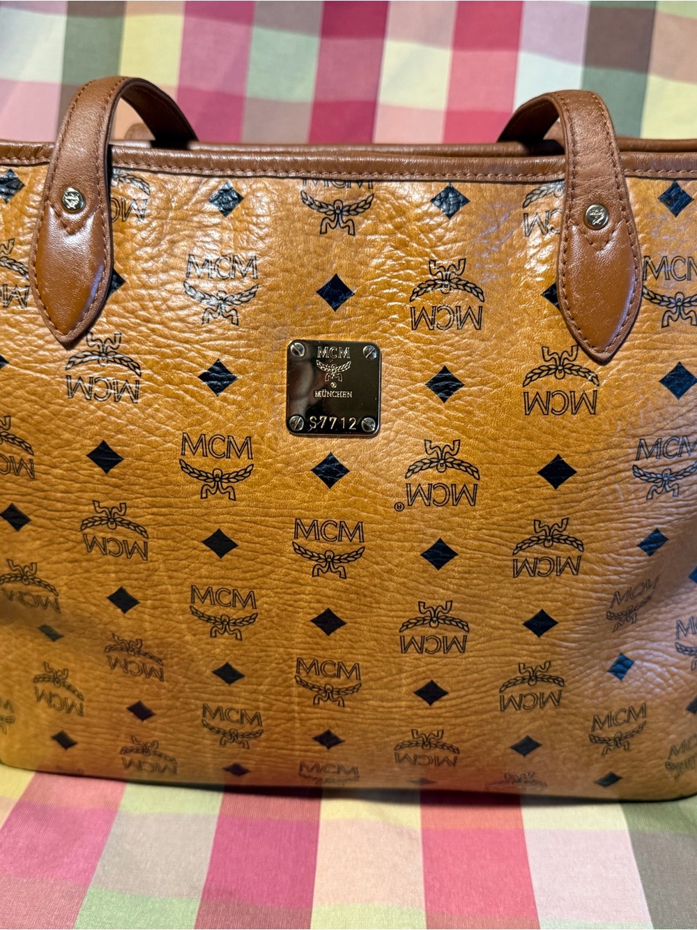 MCM Cognac Visetos Logo Tote Bag